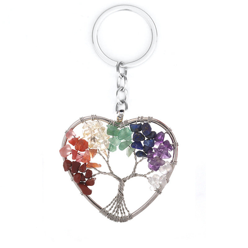 Tree Of Life Keychain Natural Crystal Copper Wire Pendant With Leather Rope For Keys Car Charm White 5cm 7 Colors