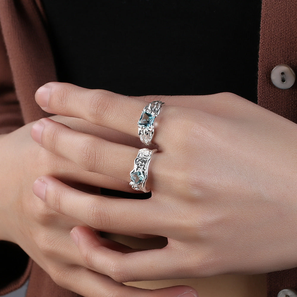 Blue Zircon Irregular Ring For Women Small Design Copper Jewelry With Modern Punk Style Handcrafted Accent Artisan