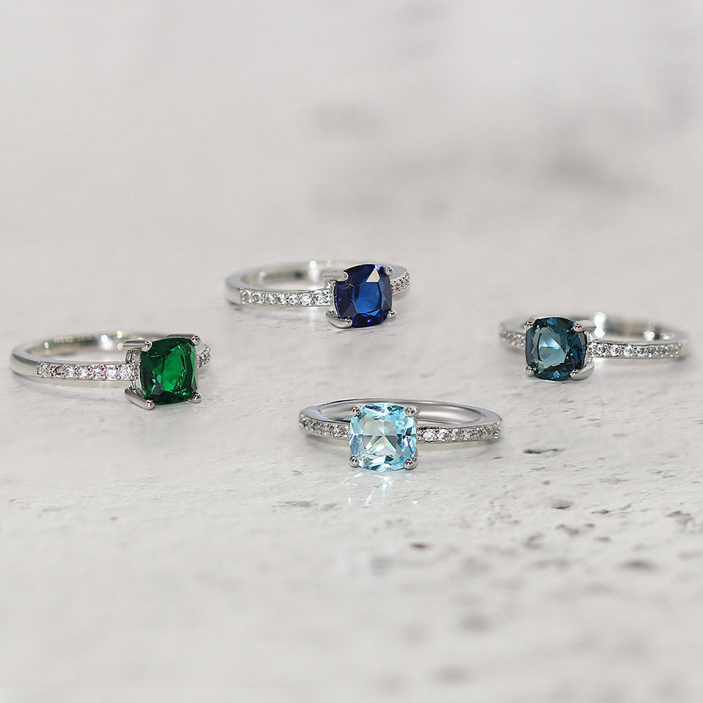 Women Geometric Ring Having Zircon Inlay Copper Band White Gold Plating Emerald Dark Blue Light Blue Malachite