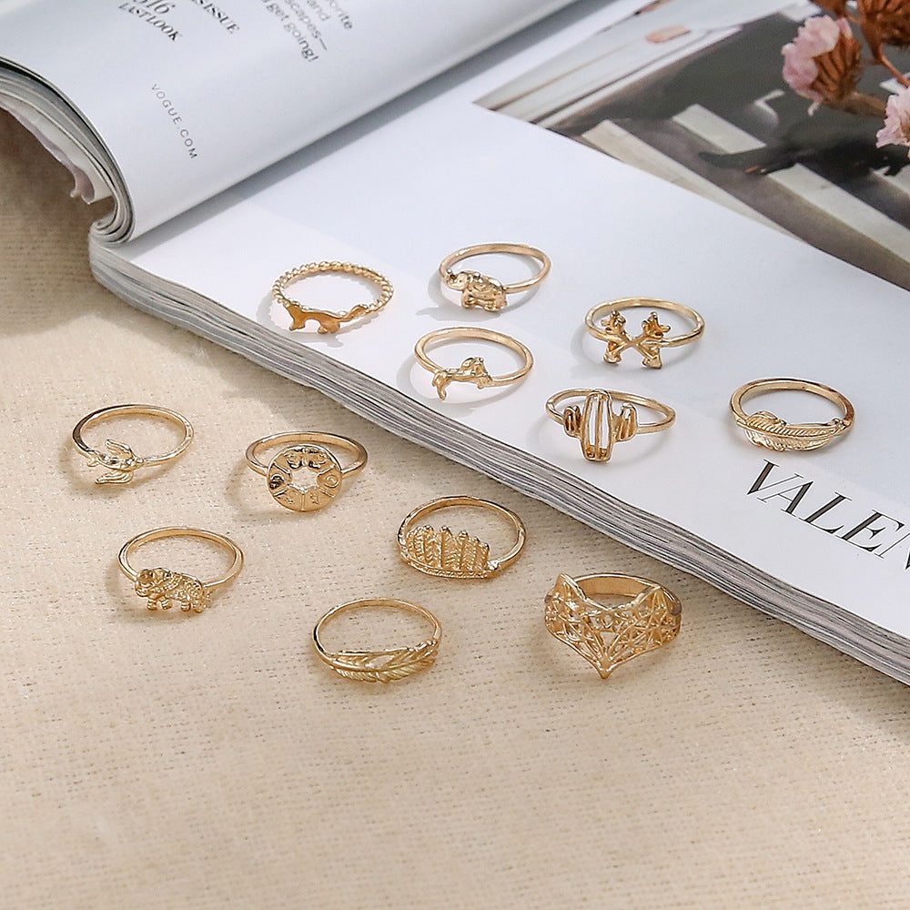 Vintage Animal Rings Set Of 12 Hollow Design Zodiac Inspired Rings Electroplated Finish Festival Gift Pack Set