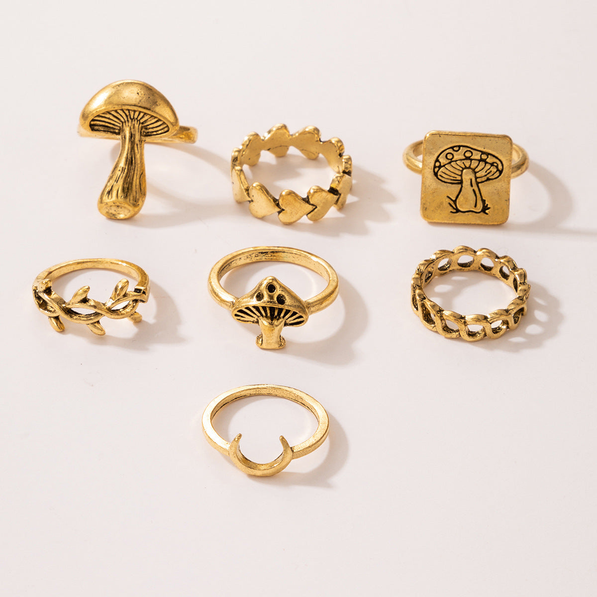 Geometric Moon and Mushroom Ring Set in Gold Silver Alloy