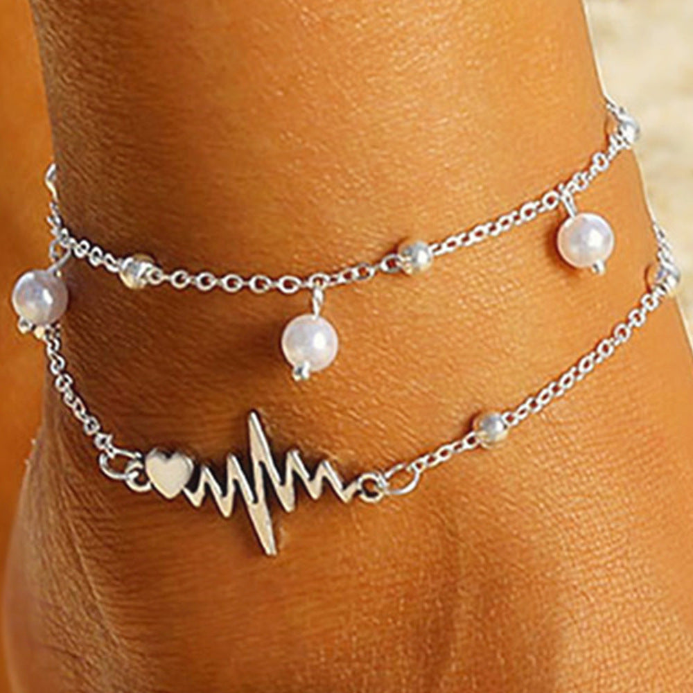 Unisex Double Layer Pearl Anklet ECG Design Ankle Bracelet Alloy Beach Jewelry European American Everyday Wear
