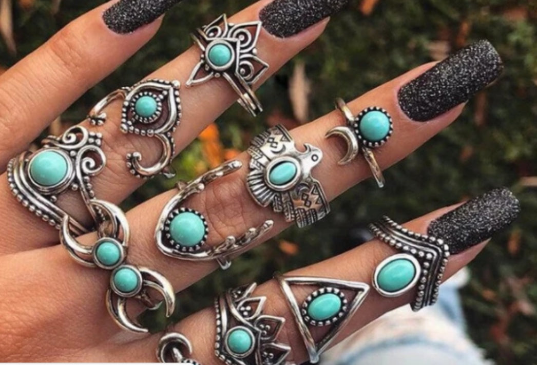 Womens Ring Set 11 Piece Starry Sky Gemstone Rhinestone Totem Carved Boho Unisex Jewelry Gift For Fashion Fans