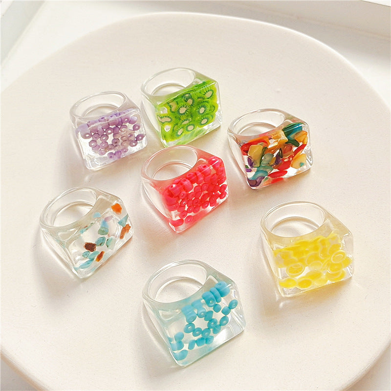 Unisex Acrylic Rings With Transparent Resin And Fruit Design Square Fashion Jewelry Gift For Women For Everyday Wear
