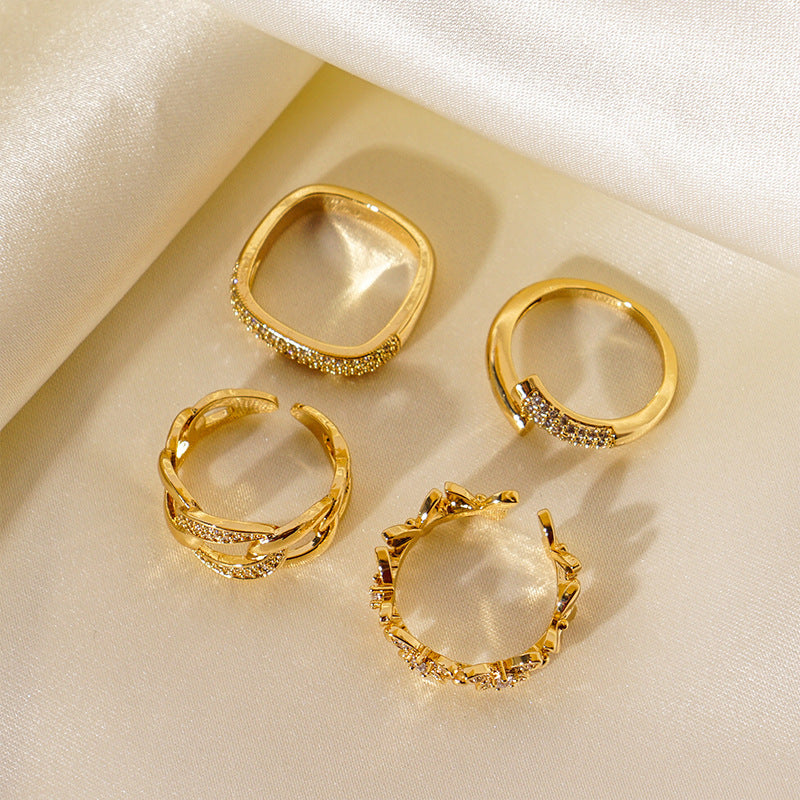 Womens Adjustable Copper Ring Wide Band Butterfly Design Gold Plated Inlaid Gemstones Korean Inspired Style Gem