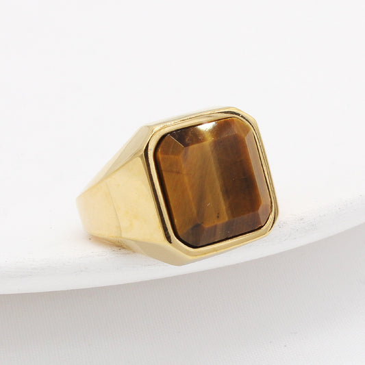 Durable Titanium Steel Ring With Square Tiger Eye Gemstones For Fashion Accessory And Daily Wear Mens Everyday