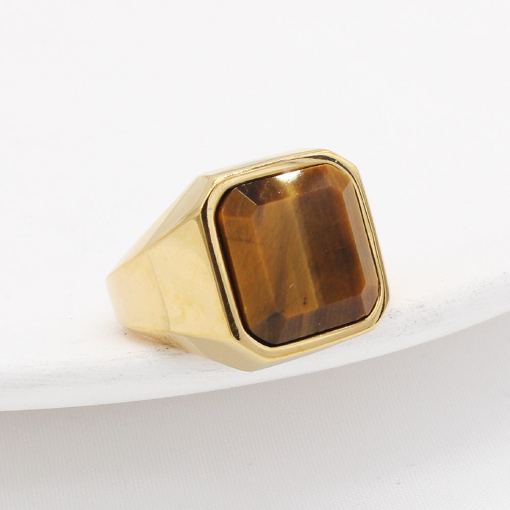 Durable Titanium Steel Ring With Square Tiger Eye Gemstones For Fashion Accessory And Daily Wear Mens Everyday