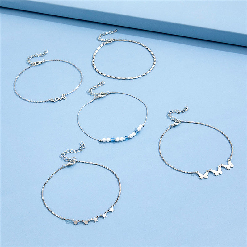 Womens Anklet Set Five Piece Fashionable Collection With Love Letter Anklets Butterfly Charms Star Ankle Alloy