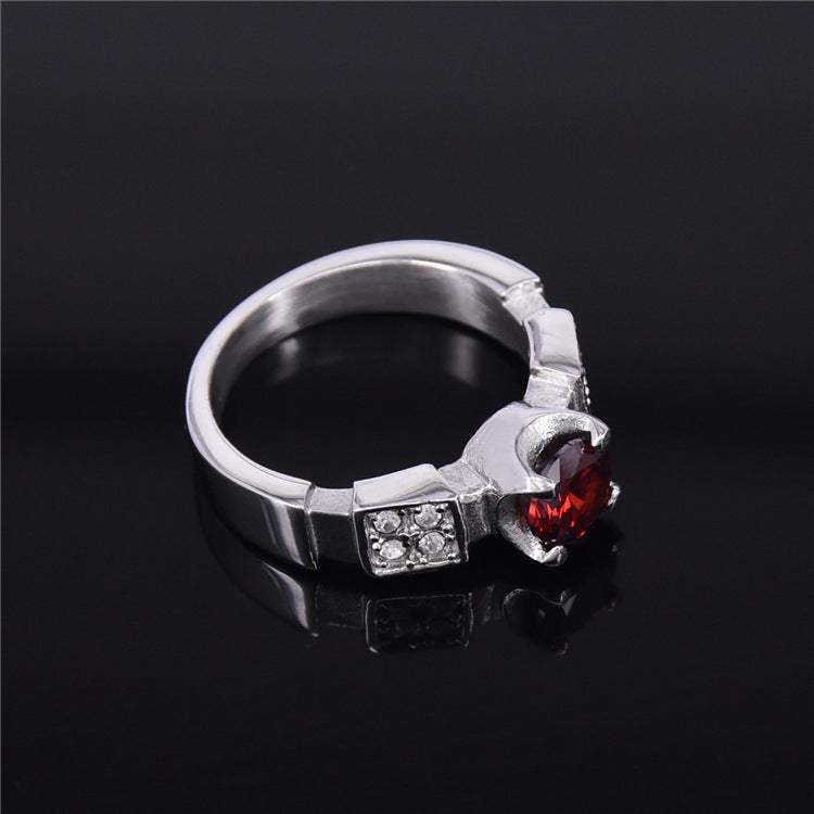 Womens Diamond Ring Four Claw Ring Titanium Steel Ring Ruby Ring Fashion Jewelry Number Letter Text Design Polished Ring Gift for Her Steel Color