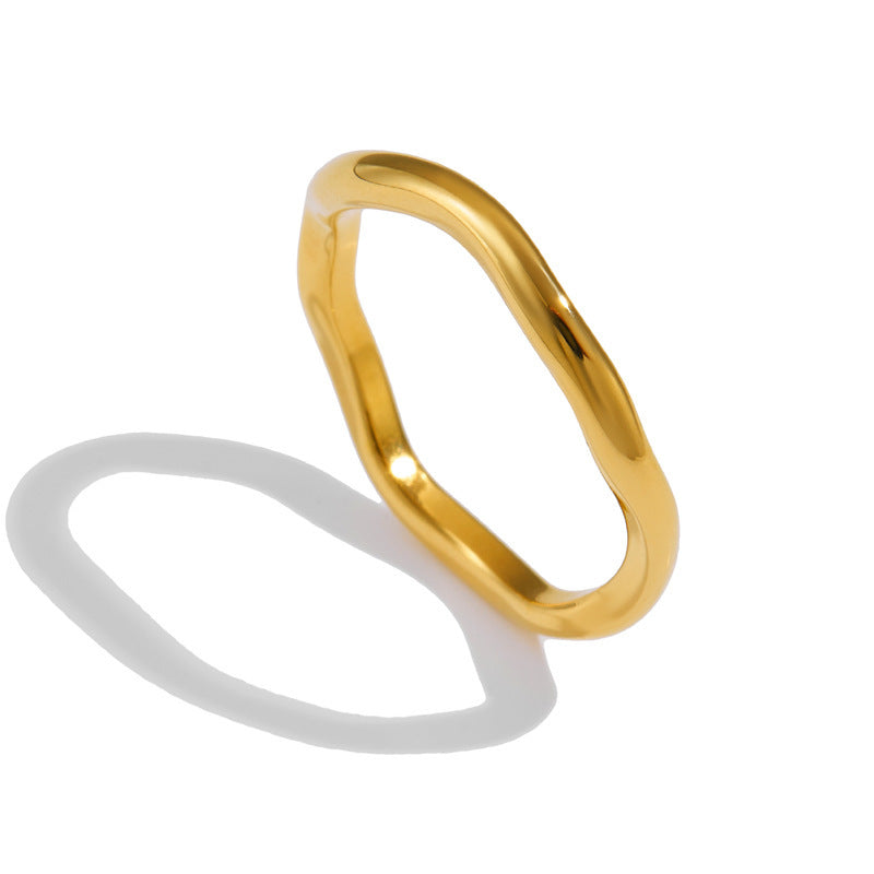 Golden Stainless Steel Special Shaped Wave Glossy Ring For Women Size 6 7 8 9 Jewelry Elegant Stylish Gorgeous Chic
