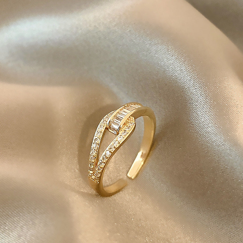Women Adjustable Gold Plated Rings With Geometric Design And Artificial Gems For Wedding Jewelry Korean Fashion
