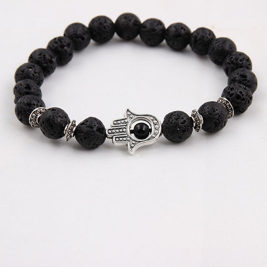 Lava Stone Bead Bracelet Golden Palm Accent And Silver Palm Inlay 8mm Energy Gem Very Sleek Modern Look Style