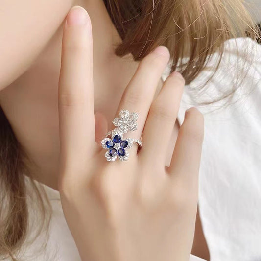 Copper Ring For Women With Colorful Sapphire Double Flower Design Fashion Jewelry Natural Look Elegant Accents
