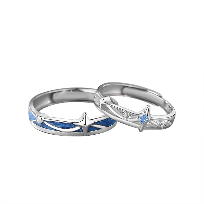 Adjustable Sterling Silver Couple Rings With Star Enamel Matching Design For Him And Her Adjustable Opening Now