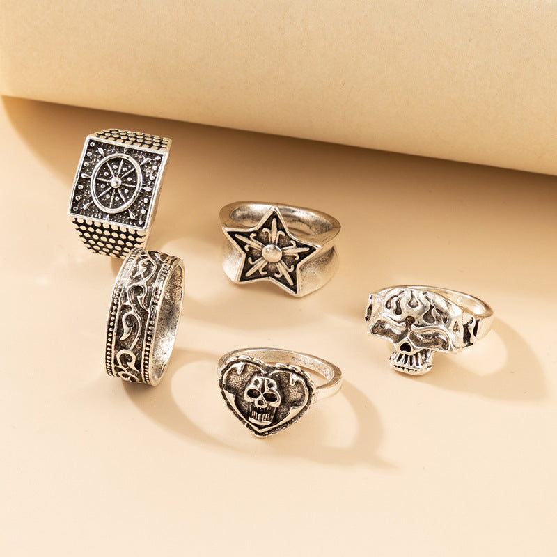 Unisex Metal Alloy Ring Set Five Piece With Bohemian Ethnic Skull Star And Geometric Designs Boho Elements Art