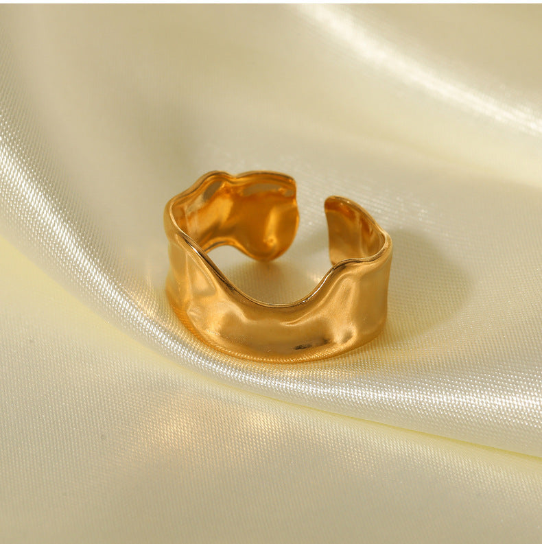 Unisex Stainless Steel Ring Irregular Tin Foil Textured Adjustable Index Finger Gold Tone Electroplated Jewelry