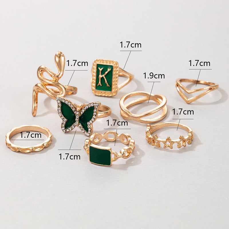Unisex Alloy Ring Set Geometric Design Snake and Butterfly Rings Gold Green Electroplated Fashion Jewelry 8 Sets