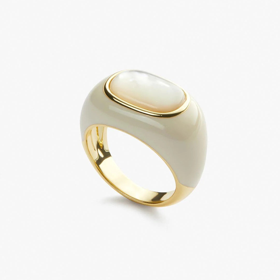 Geometric Ring In 18K Gold Plated Copper With Natural Malachite Inlay And White Shell Inlay For Women Timeless