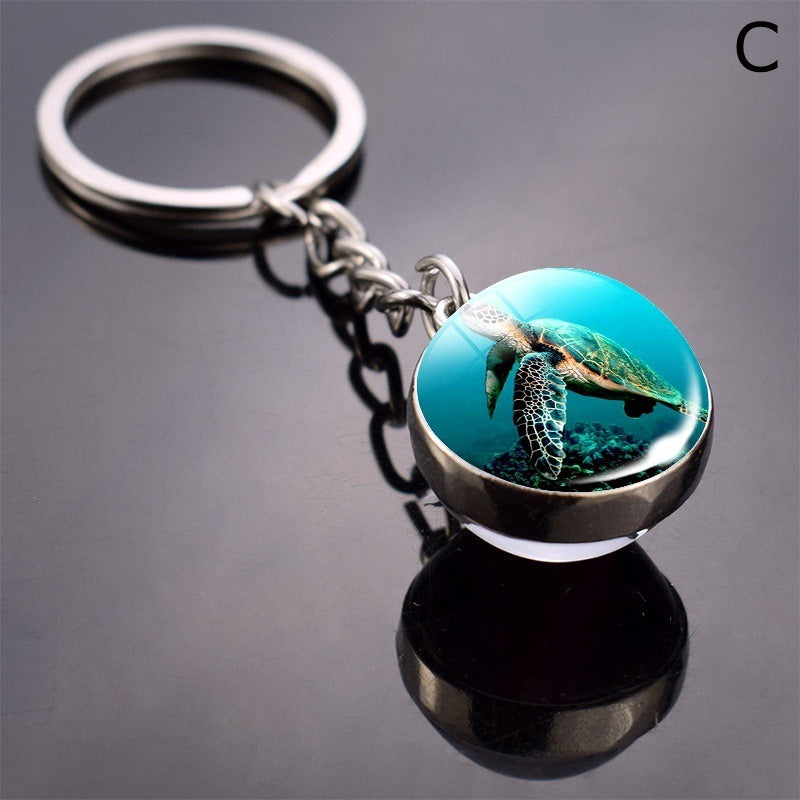 Double Sided Glass Ball Key Ring With Turtle Charm Time Gem
