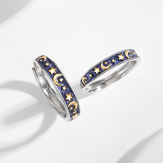 Sterling Silver Couple Ring Sun Moon Galaxy Adjustable Celestial Inspired Design Three Layer Electroplated Custom