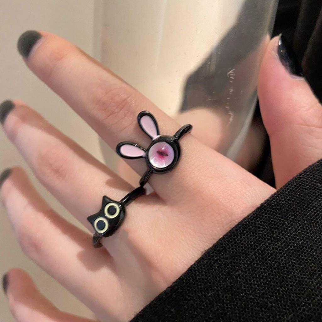 Women's Open Ring Featuring Cute Animal Design Adjustable Alloy Ring With Black Kitty Cat And Cartoon Rabbit Cute