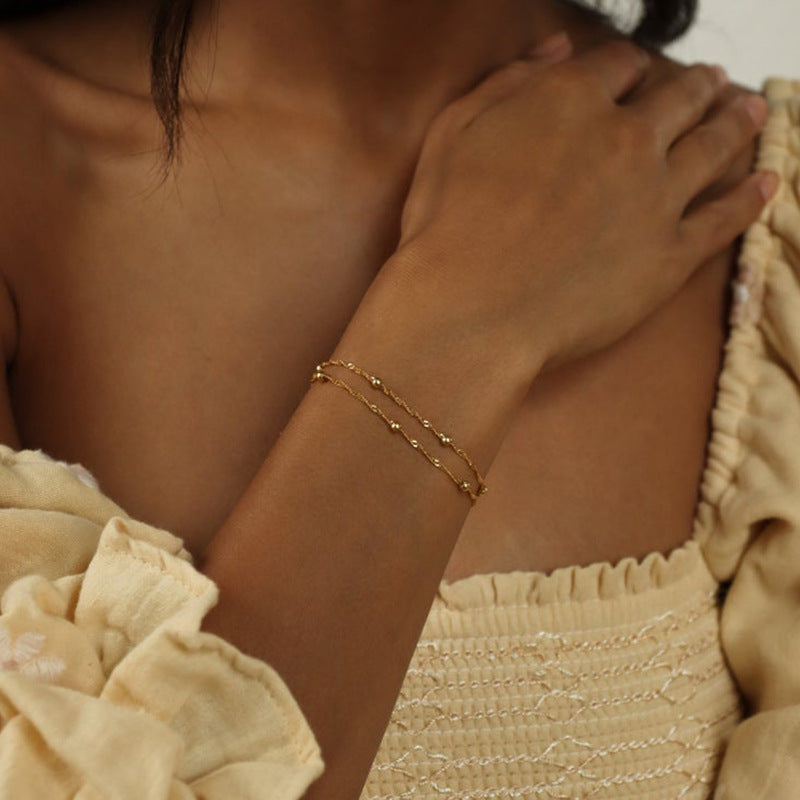 Womens Ripple Bead Chain Bracelet Gold Alloy Double Layer