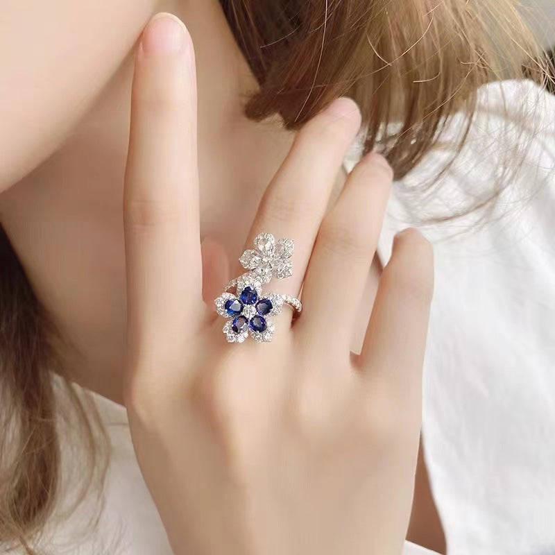 Copper Ring For Women With Colorful Sapphire Double Flower Design Fashion Jewelry Natural Look Elegant Accents