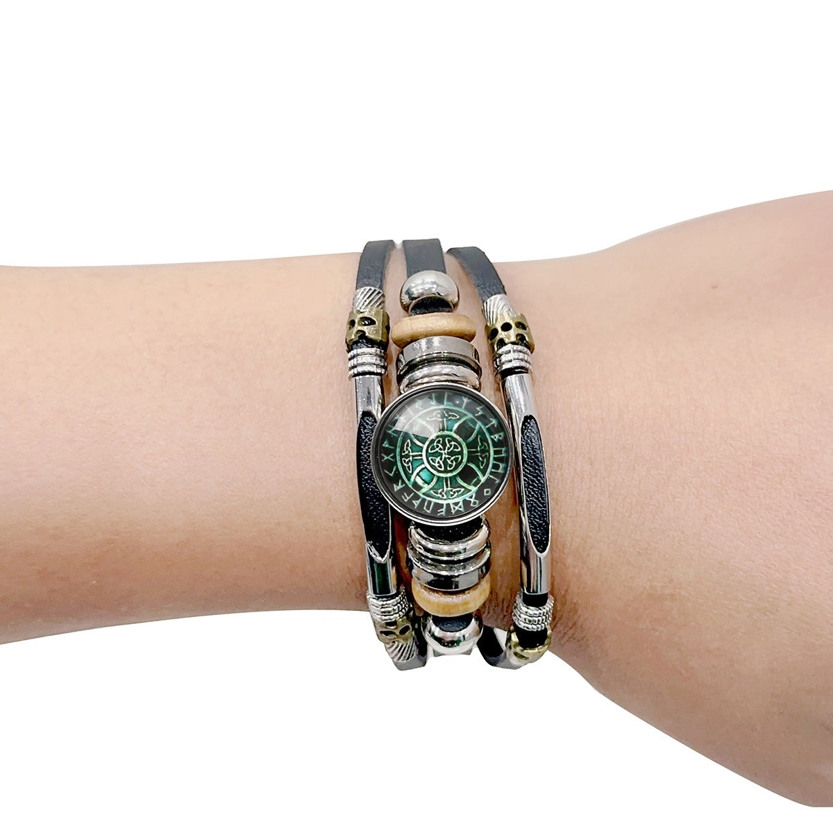 Mens Viking Compass Bracelet Multi Layered Leather Bracelet With Stainless Steel Titanium Steel Accents High Quality