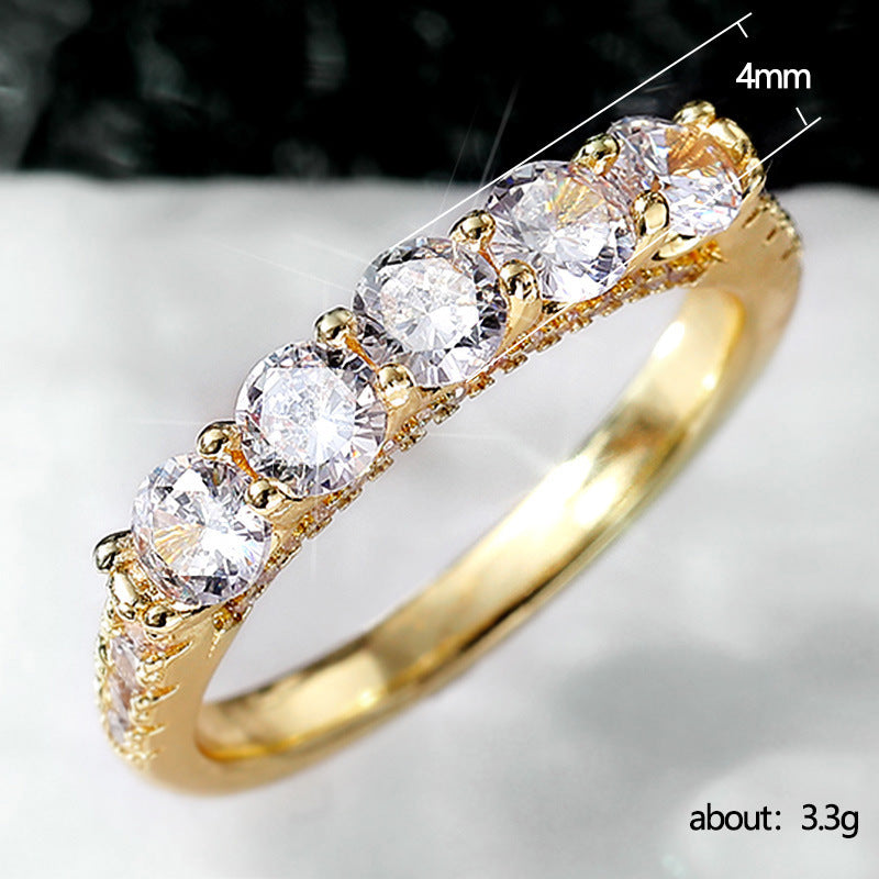 Womens Gold Plated Copper Ring Single Row Diamond Zircon Inlay Elegant Geometric Design Jewelry Diamond Zircon