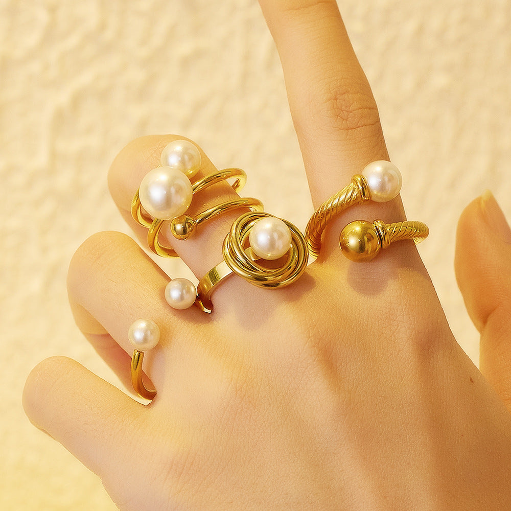 Geometric Freshwater Pearl Ring in Gold Tone Titanium Steel for Women Hypoallergenic Elegant Fashion Accessory