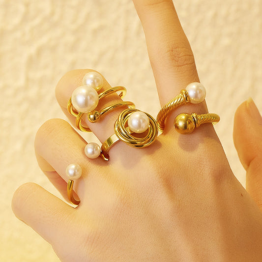 Geometric Freshwater Pearl Ring in Gold Tone Titanium Steel for Women Hypoallergenic Elegant Fashion Accessory