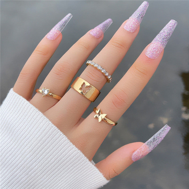 Four Piece Ring Set Alloy Rings With Butterfly Rhinestones And Love Joint Design Elegant Fashion Jewelry Women