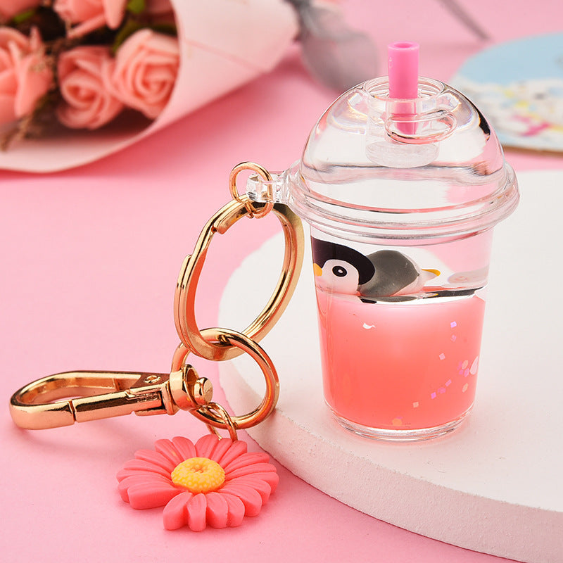 Milk Tea Cup Keychain With Cute Cartoon Animal Pendant Electroplated Charm Light Blue Lemon Yellow Pink Acrylic