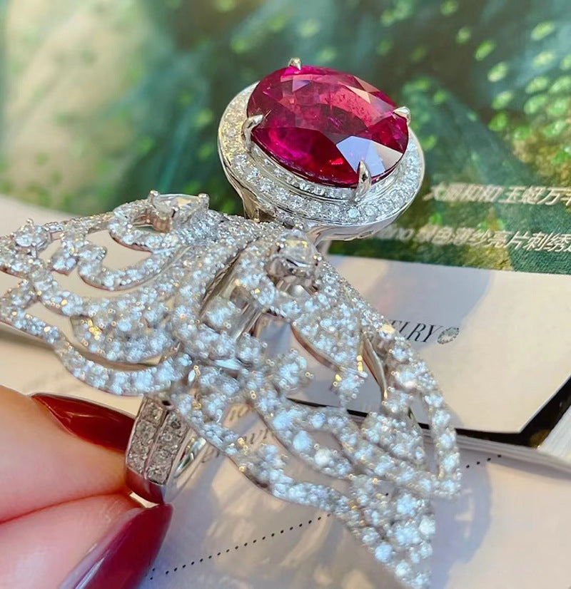 Womens Adjustable Opening Ring with Bow Design Copper Ring Featuring High-Grade French Ruby Color Zircon Elegant Jewelry Treasure Ring Special Occasions