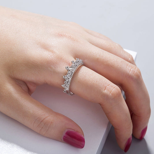 Copper Zircon Carved Crown Design Ring For Women Adjustable Band Euro Fashion Jewelry Electroplated Shine Gift For Her