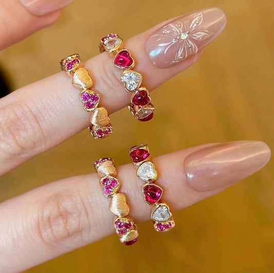 Vintage Heart Zircon Ring Red Corundum Brushed Finish Adjustable Copper Ring For Women Jewelry Elegant Details