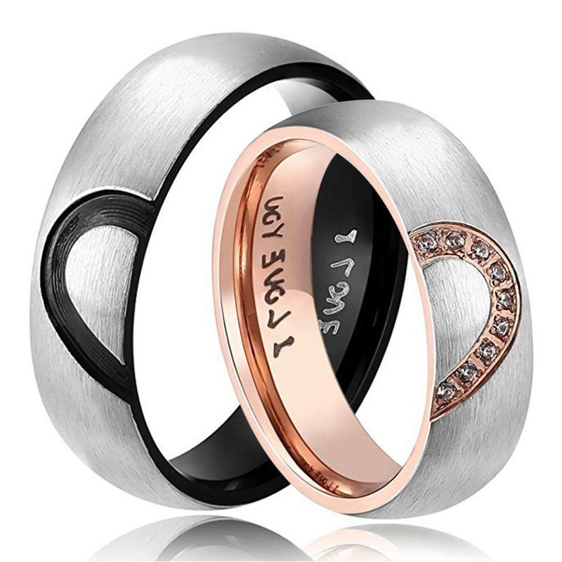 Half Heart Stainless Steel Ring Inlaid Gemstones Gold Plated European American Style Jewelry 6mm Wide Nice Gem