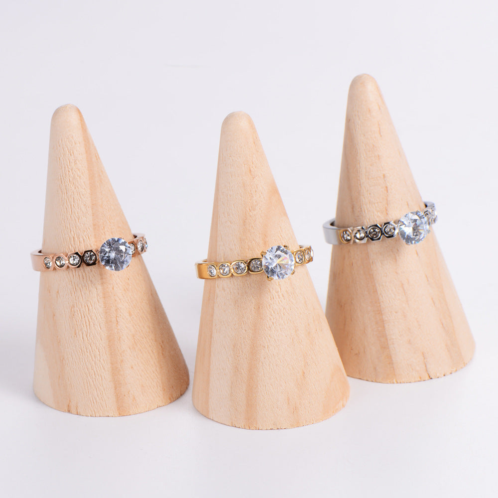 Polished Hexagonal Rhinestone Zircon Ring Inlaid Stainless Steel Gold Rose Gold Finish Sizes 5 6 7 8 9 Sparkle