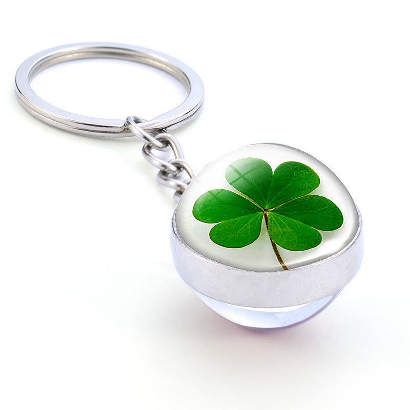 Crystal Glass Ball Keychain Double Sided Translucent Design Lightweight Alloy Base Four Leaf Clover Charm Glow