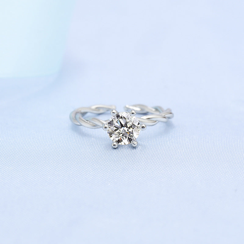 Womens Silver Ring With Diamond Studs Copper Twist Vine Inlay Design Electroplated Jewelry Gift For Her Elegant