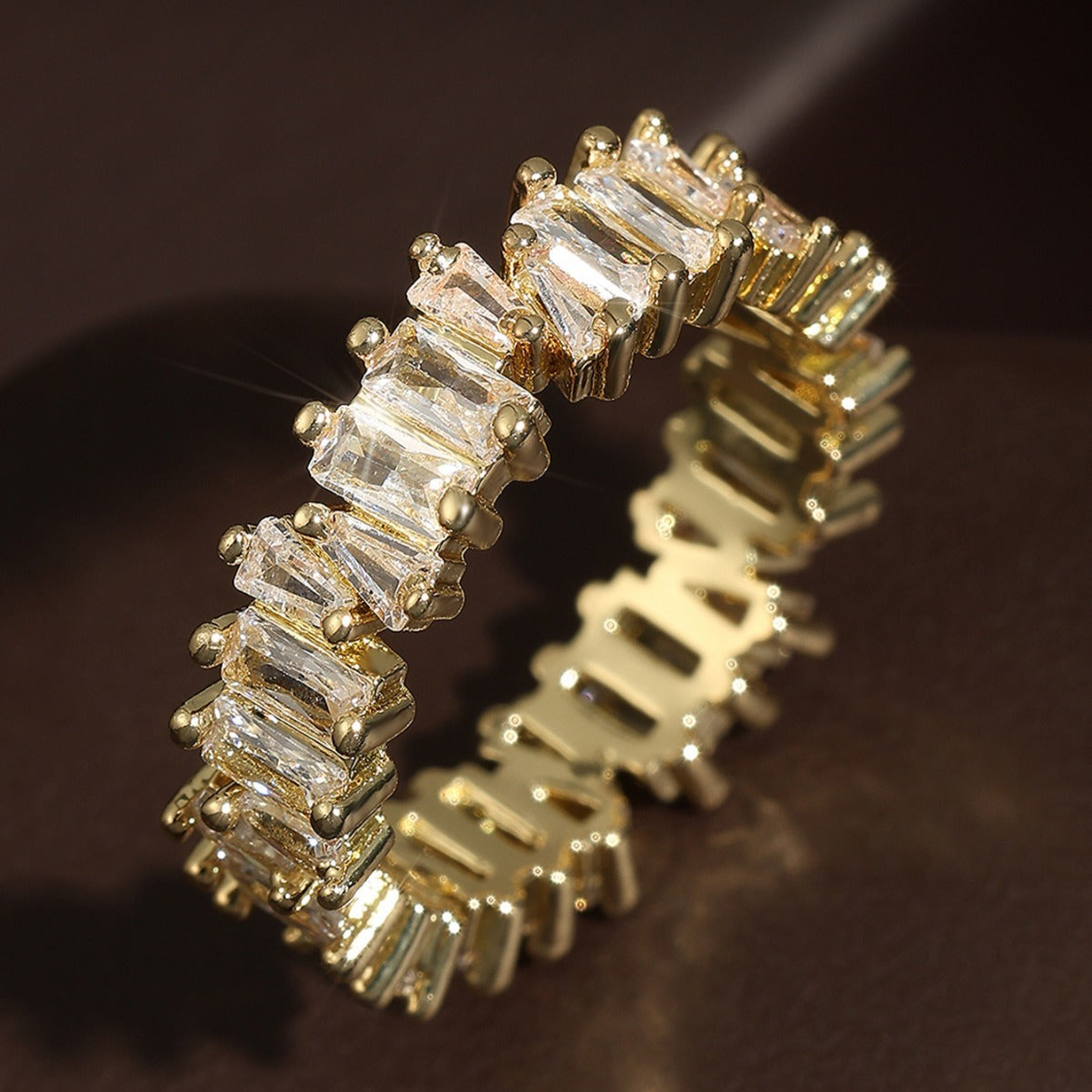 Womens Copper Ring Inlaid Zircon Ladder Design Geometric Square With Gold Inlay Treatment Fashion Jewelry Gift