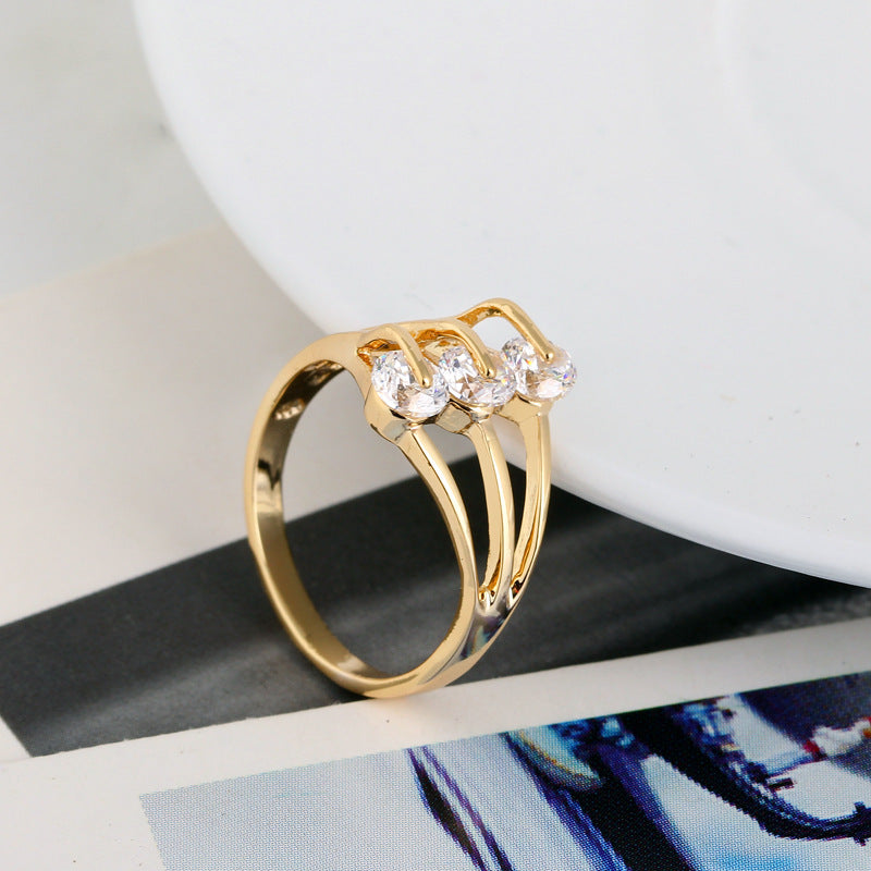 Gold Plated Ring With Gemstone Inlay Geometric Zircon Accents Copper Jewelry For Women Gift Everyday Accessory