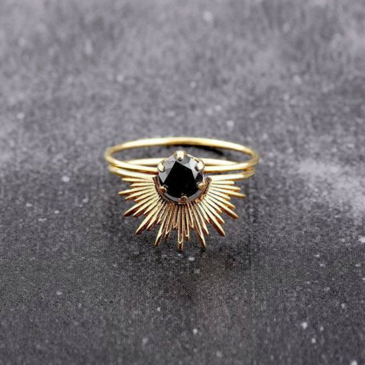 Geometric Copper Inlaid Black Zircon Ring European Style Geometric Design Souvenir Rings Individually Packaged