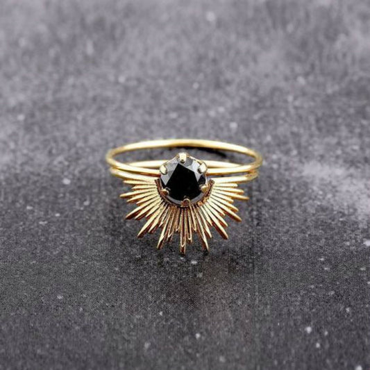 Geometric Copper Inlaid Black Zircon Ring European Style Geometric Design Souvenir Rings Individually Packaged