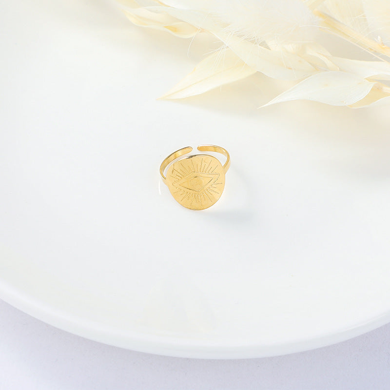 Womens Gold Tone Stainless Steel Devil Eye Geometric Trend Fashion Opening Adjustable Ring For Everyday Wear Essentials