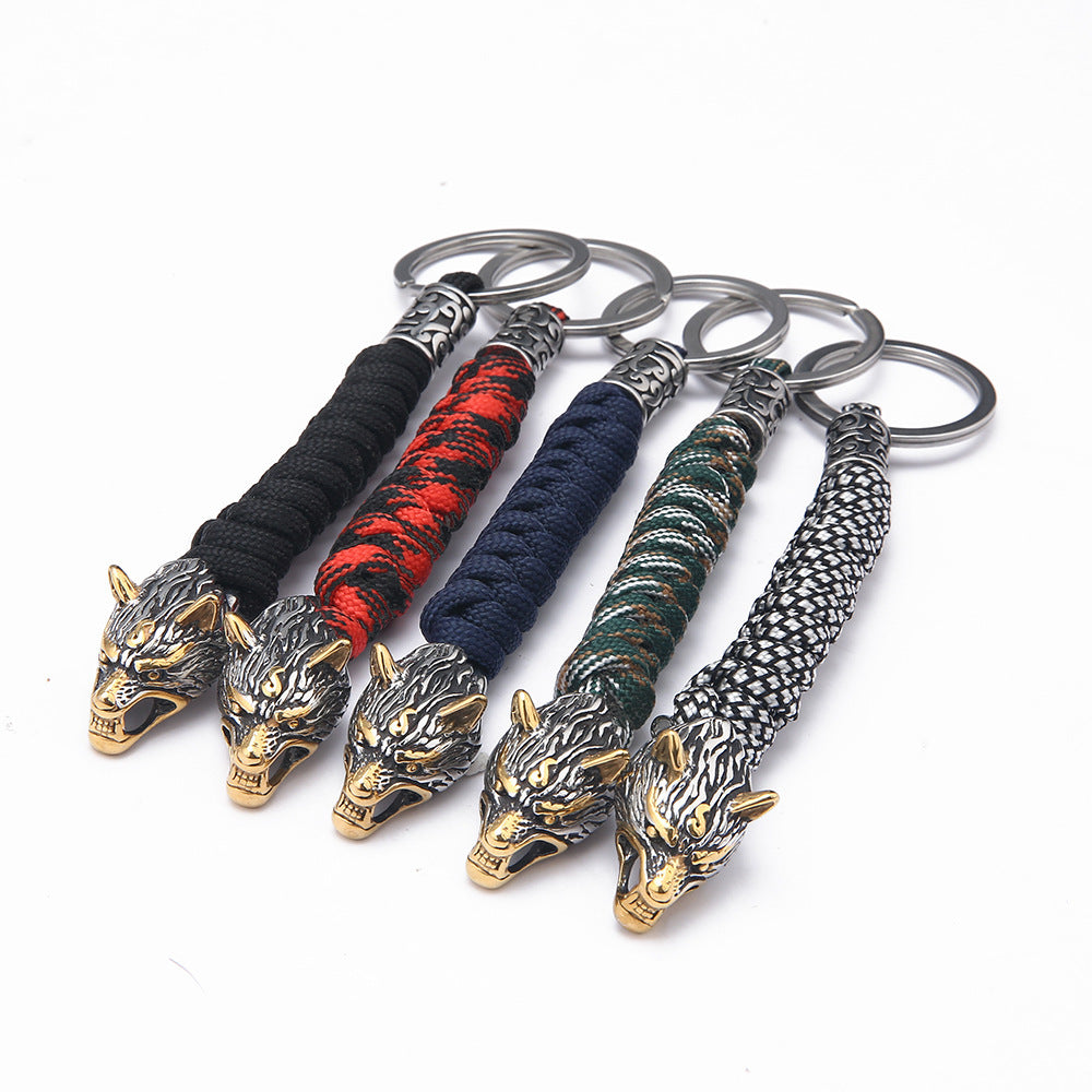 Paracord Key Ring With Wolf Head Beads Stainless Steel Keychain Length 15cm Durable Rope Craft For Outdoor Use