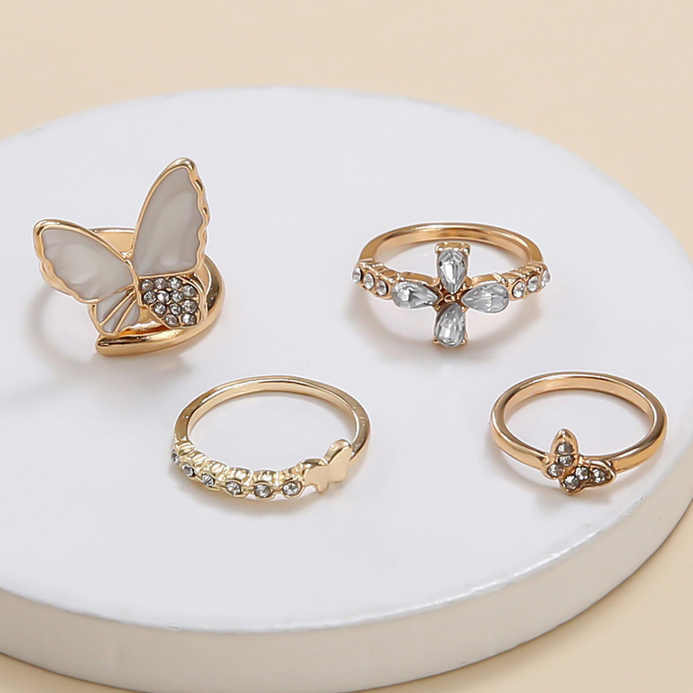 Gold Plated Butterfly Ring Set With Rhinestones And Geometric Accents For Women And Girls For Daily Wear Style