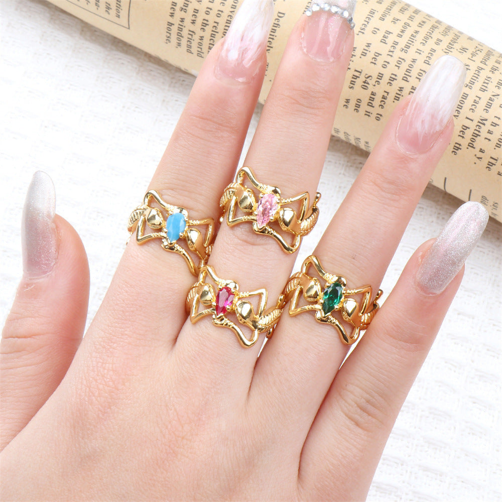 Gecko Ring Green Zircon Gold Plated Copper Adjustable