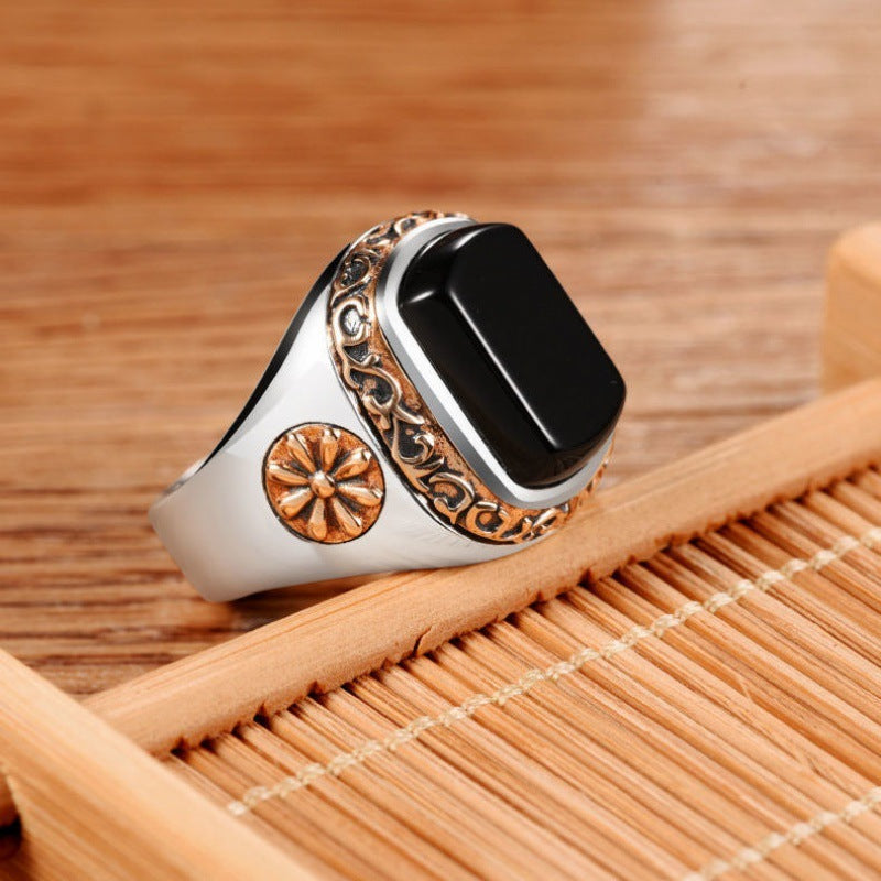 Vintage Black Agate Silver Ring For Women Adjustable Opening Index Finger Retro Silver Plated Jewelry Gift For Her