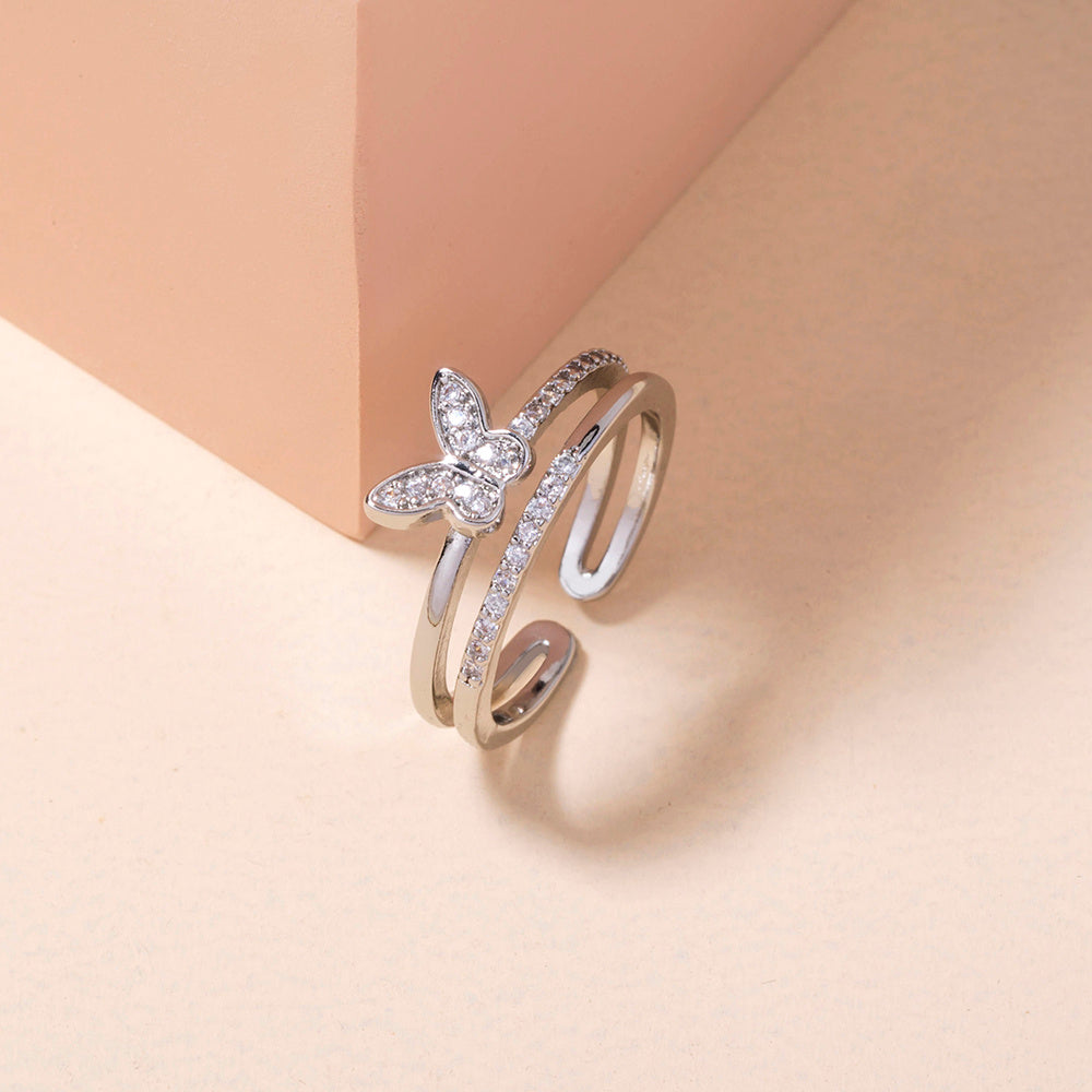 Women Adjustable Butterfly Ring With Zircon Inlay Copper Electroplated European Style Jewelry Elegant Crystal